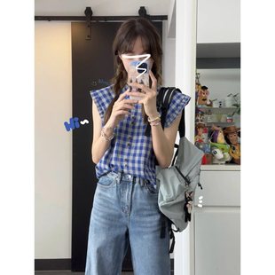 Baby Doll Collar Blue Plaid Short-Sleeved Shirt for Women Summer 2025 New French Style Small Flying Sleeve Shirt Design Top