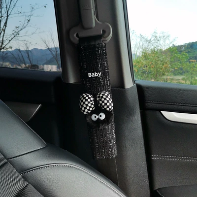 Creative Small Briquette Car Seat Belt Shoulder Cover Car Safety Belt Protective Cover Anti-Wear Clothing Four-Season Short Plush (Seat belt shoulder pad) - shoulder-pads-baby-black-and-white-checkered-bow-briquettes-single