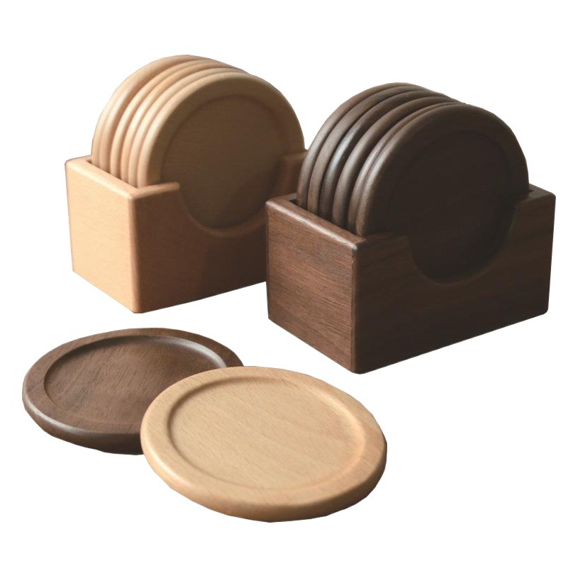 Traje de montaña de madera de estilo japonés Nogal Negro madera maciza mantel redondo almohadilla aislante 6 piezas en caja soporte inferior Logotipo de letras