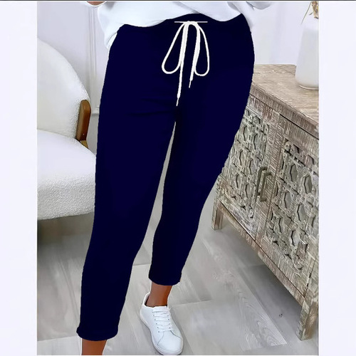 2025 Cross-border European and American Style New Waistband Slim-Fit Women's Solid-Color Elegant Casual Trousers