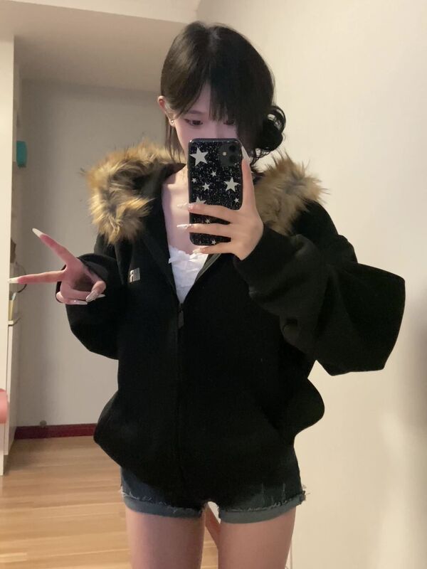 美式复古潮牌毛领拉链开衫连帽卫衣女秋冬季情侣高级感休闲外套潮|undefined