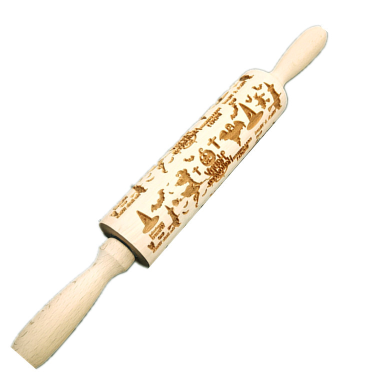 Madera Rolling pin haya grabado láser impresión Rolling pin relieve Rolling pin cuero Navidad fondant galleta presionando palo