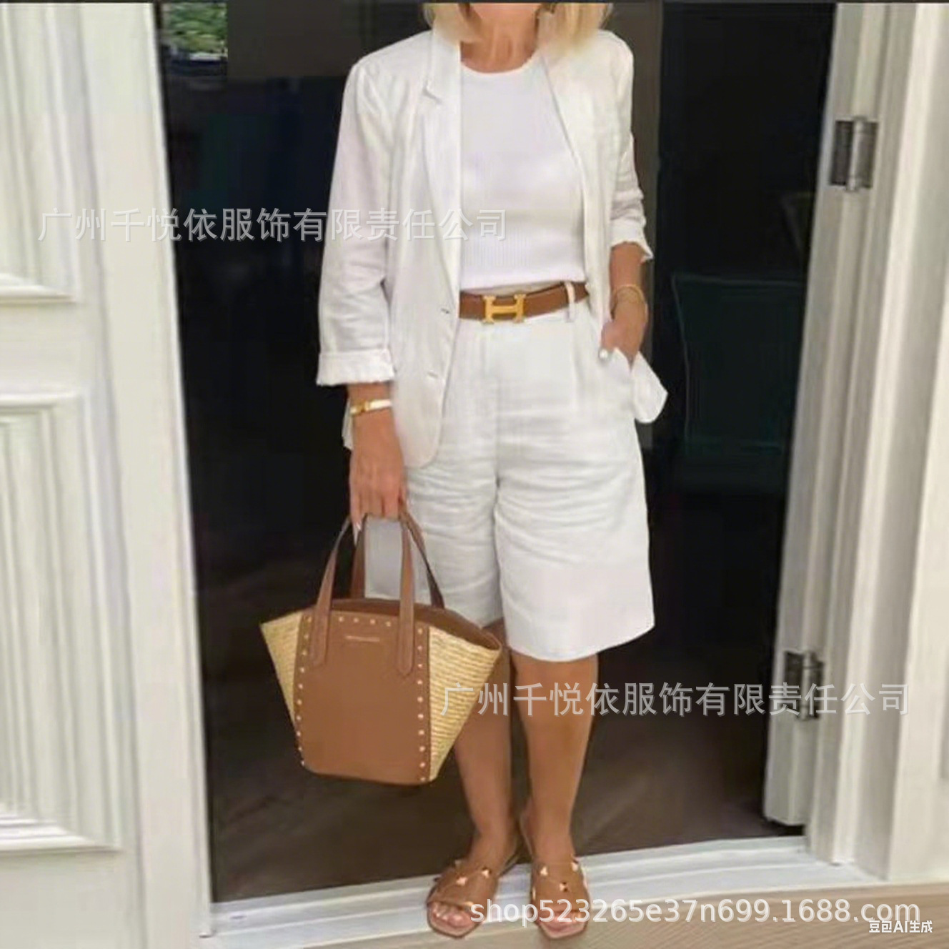 2025春秋跨境新款外贸棉麻长袖开衫上衣短裤西装两件套女装