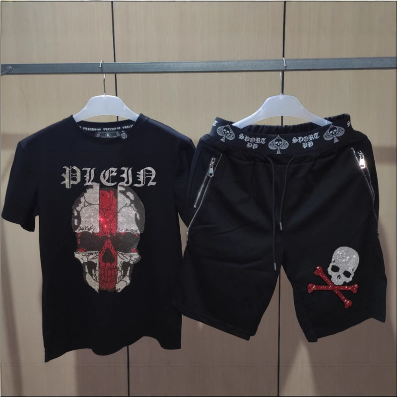 2025 New Short-Sleeved Sports Suit Plein Ali Trendy Men's Elastic Slim Suit Hot Diamond Summer