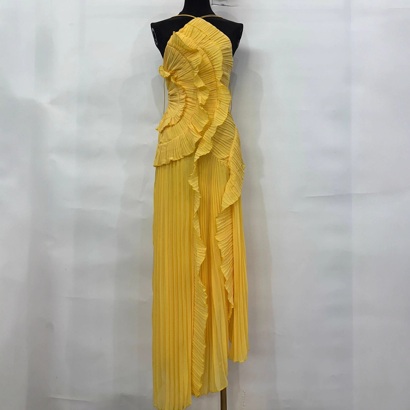 European and American Style Dress with Ruffles, Halter Neck, and Spaghetti Straps, European and American Cross-Border 2025 Spring New Model, Socialite Style, Multi-Layered