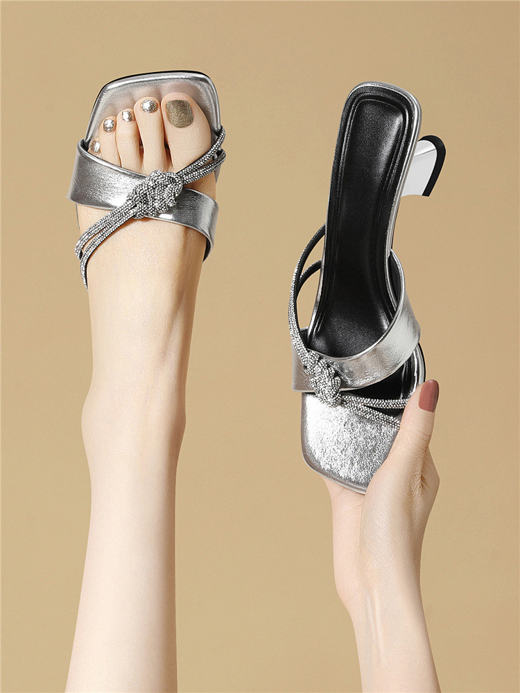 Sandal cao gót nữ hở mũi phong cách Pháp vintage bạc sang trọng — 6063 Bạc, 6063 Da đen chi tiết 12