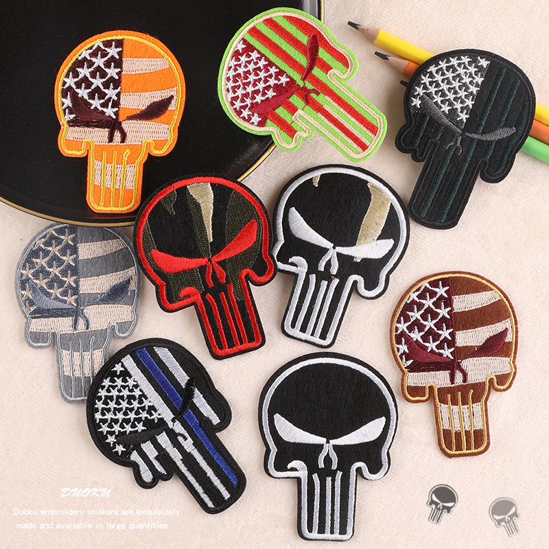 励新绣花章仔骷髅头patch服装辅料鞋帽背胶补丁跨境货源刺绣布贴
