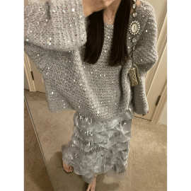 深冬装搭配一整套韩剧穿搭灰色亮片独上衣好看半身裙两件套装