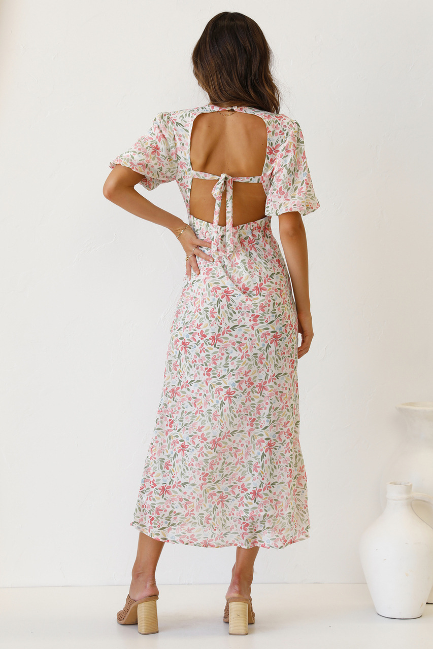 v-neck backless lace-up short-sleeved floral dress NSJRM123990