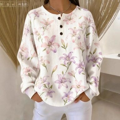 2025 Cross-Border Export New Style 3D Floral Pattern Printing Autumn and Winter Round Neck Long-Sleeved Henry Collar Sweatshirt Versatile