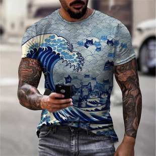 Cross-Border Wholesale Wave Series Tops 3D Digital Printing Sweatshirts T-Shirts Shirts Source Factory