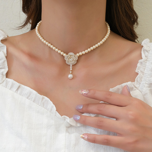 C208 Camellia Necklace Light Luxury Niche Pearl Necklace Women's Summer Fresh and Sweet Flower Clavicle Necklace New Style