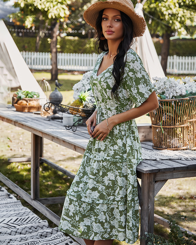 V-neck temperament mid-length printed dress NSKA37608