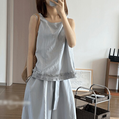 Korean-style new water blue slimming set with knotted sleeveless top and solid-colored high-waisted wide-leg pants, fashionable and versatile