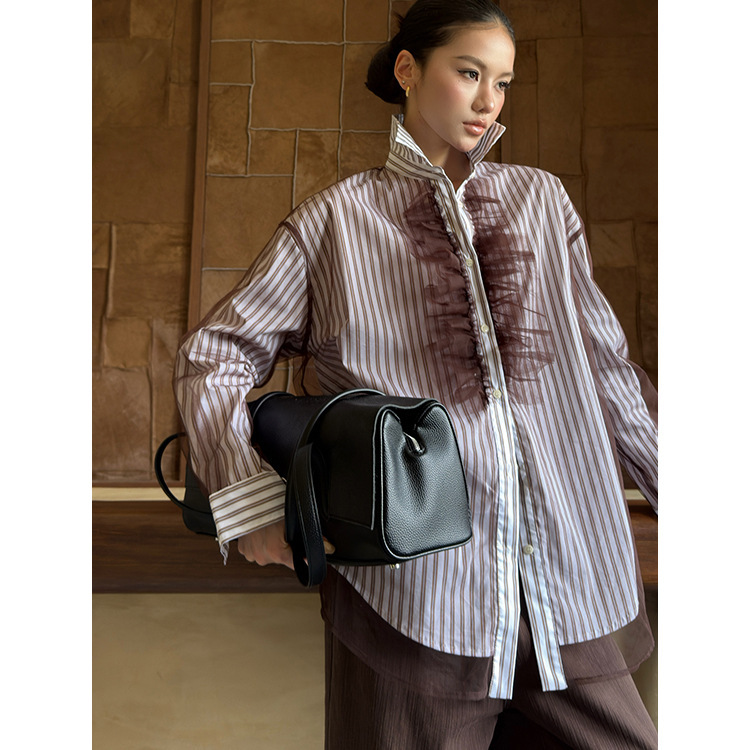 New on 8.11: Vintage mesh patchwork shirt for women, autumn Tencel versatile design, slimming top 51161