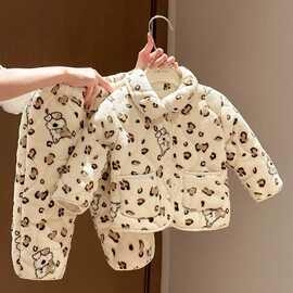 冬季新款婴幼儿绗棉加绒家居服套装宝宝保暖加厚睡衣两件套潮