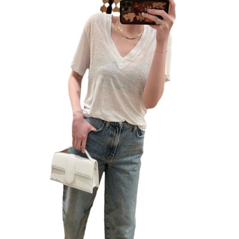 小衆2025春夏新作vネックゆったりフィット感半袖綿質清新軽薄tシャツ上着女|undefined