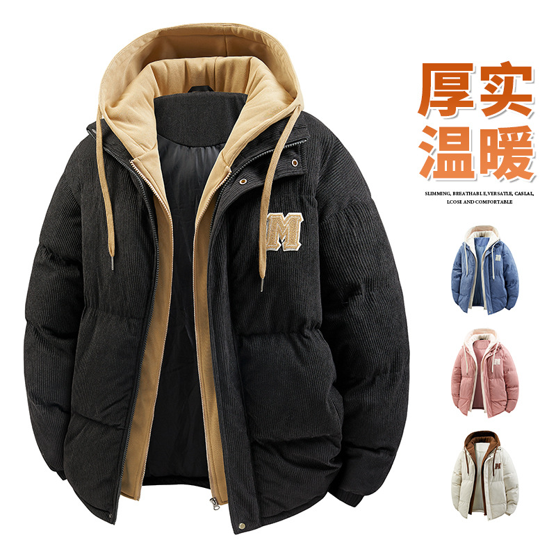 In-stock men's winter corduroy cotton jacket, trendy workwear, thickened faux two-piece, outdoor casual youth cotton coat