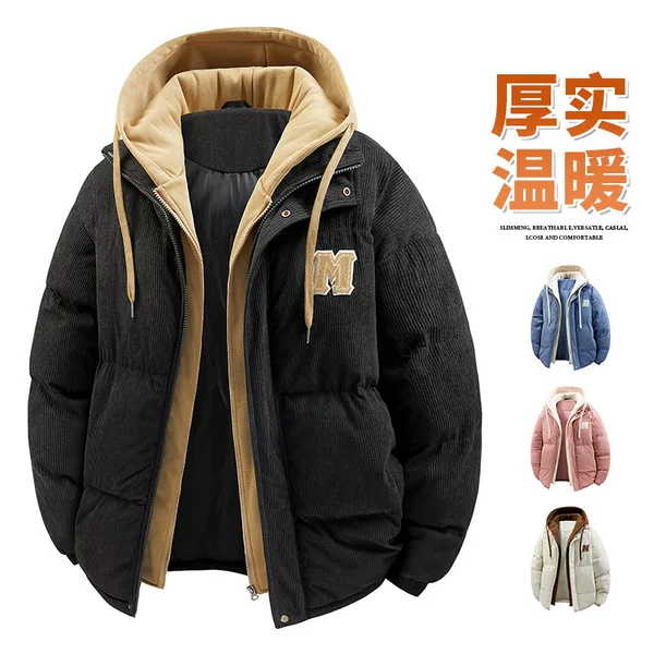 In-stock men's winter corduroy cotton jacket, trendy workwear, thickened faux two-piece, outdoor casual youth cotton coat