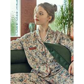 跨境外贸睡衣时尚简约家居服女撞色碎花春夏新款休闲开衫长袖套装