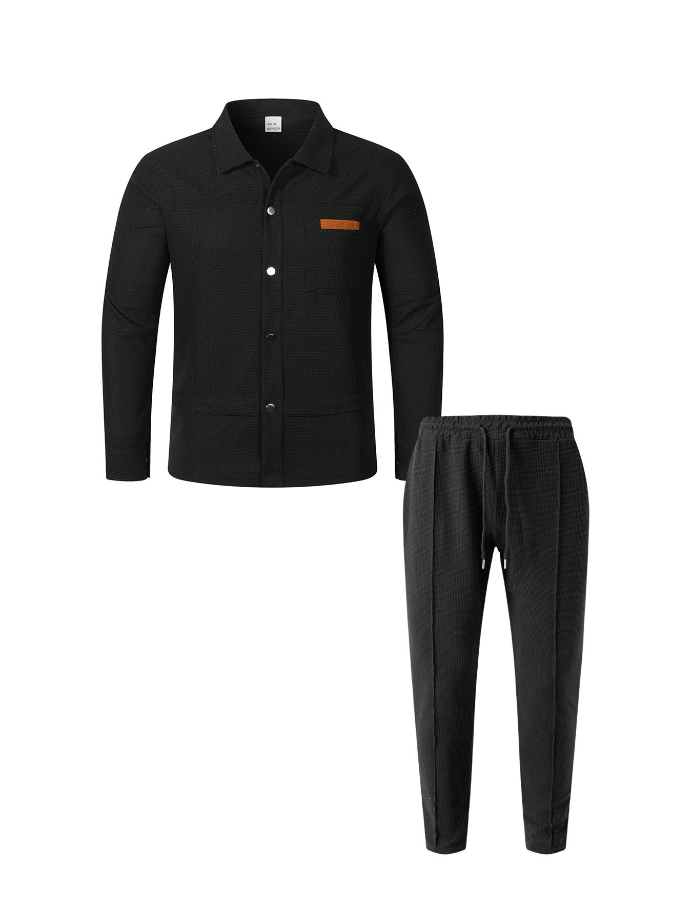Men's Waffle Texture Lapel Button Casual Set Long Sleeve Top Pants_voghion.com