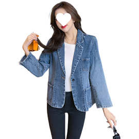 新款韩版牛仔西服小个子秋装大码牛仔外套女式显瘦洋气修身小西装