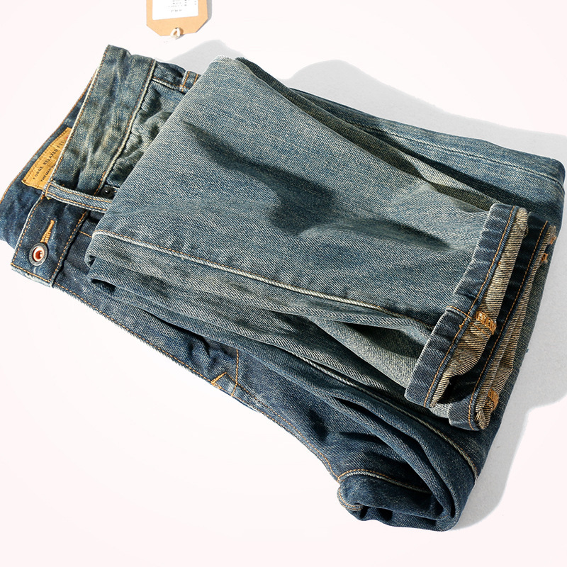 美式高街牛仔裤男潮牌宽松直筒春秋款破洞补丁复古休闲水洗裤子男