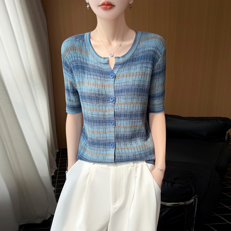2026 Spring/Summer New Tencel V-Neck Knitted Cardigan Short Sleeve Women's Hollow-Out Colorful Striped Loose Versatile Top 2026 Spring/Summer New Tencel V-Neck Knitted Cardigan Short Sleeve Women's Hollow-Out Colorful Striped Loose Versatile Top