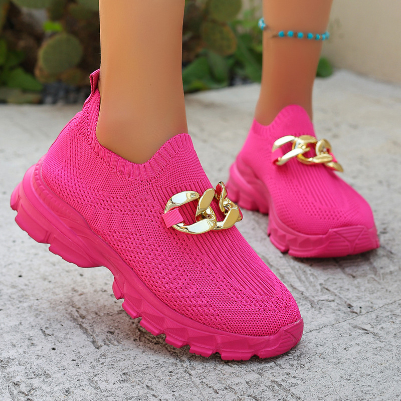Foreign Trade Large Size 2025 Spring & Fall New Style Mesh Metal Chain Decoration Pure Color Slip-On Sports and Leisure Women's Shoes