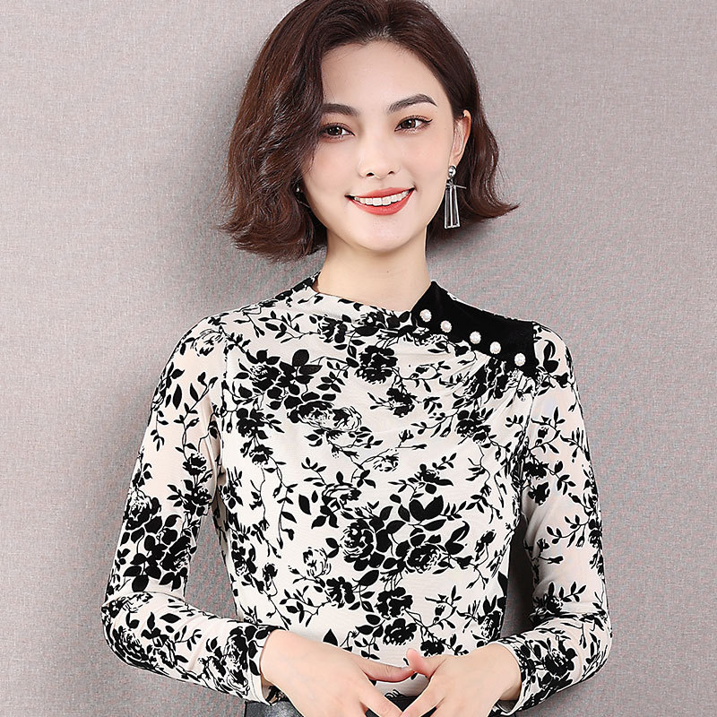 2022 half turtleneck bottoming shirt women's long sleeve autumn and winter New plus size flocking mesh lace top 2022 half turtleneck bottoming shirt women's long sleeve autumn and winter New plus size flocking mesh lace top
