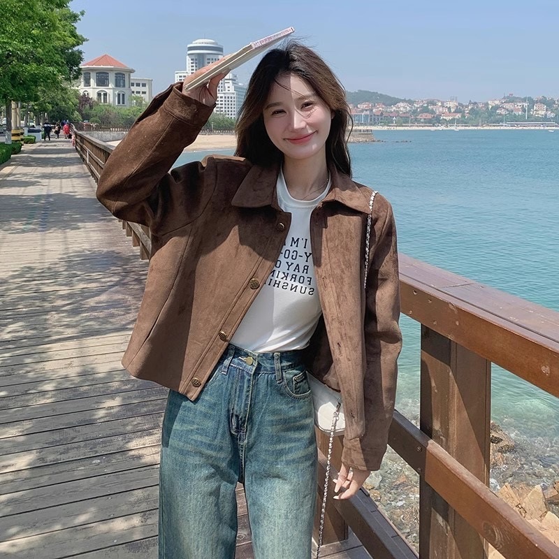 咖色美拉德麂皮绒短外套女春秋季2025新款小个子港风复古夹克上衣|undefined