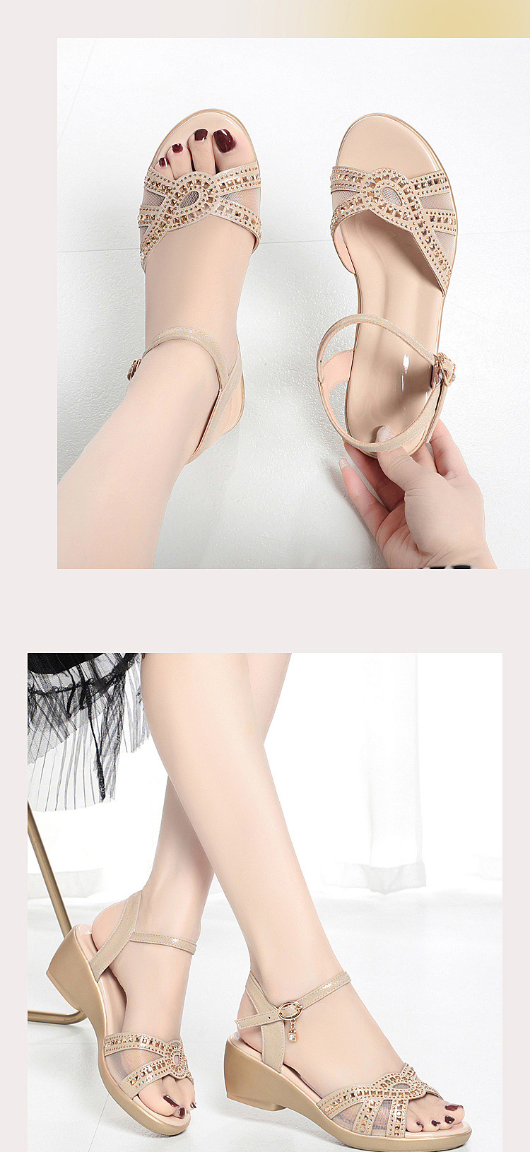 Sandal nữ đế xuồng da thật gót vừa thoải mái — Màu đen chi tiết 10