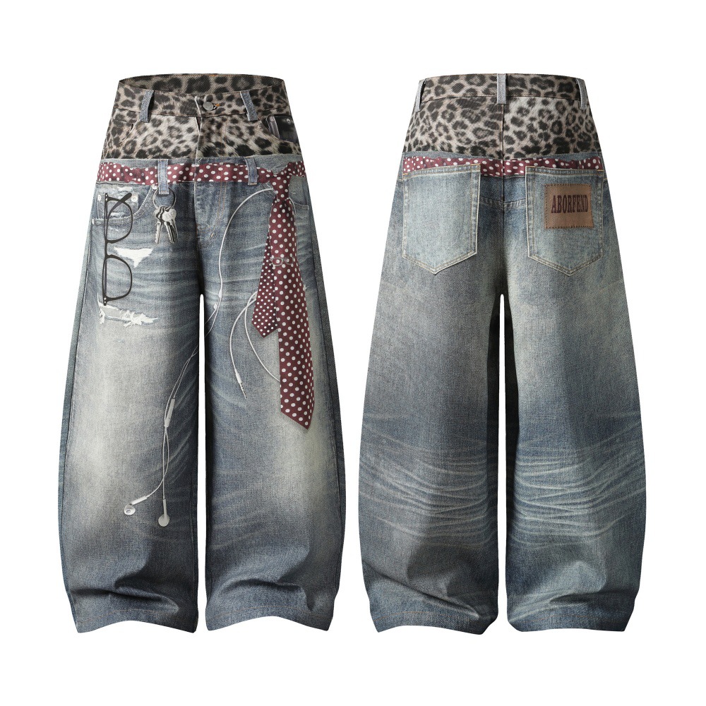 Jeans uomo larghi patchwork stampa leopardata stile hip hop_voghion.com