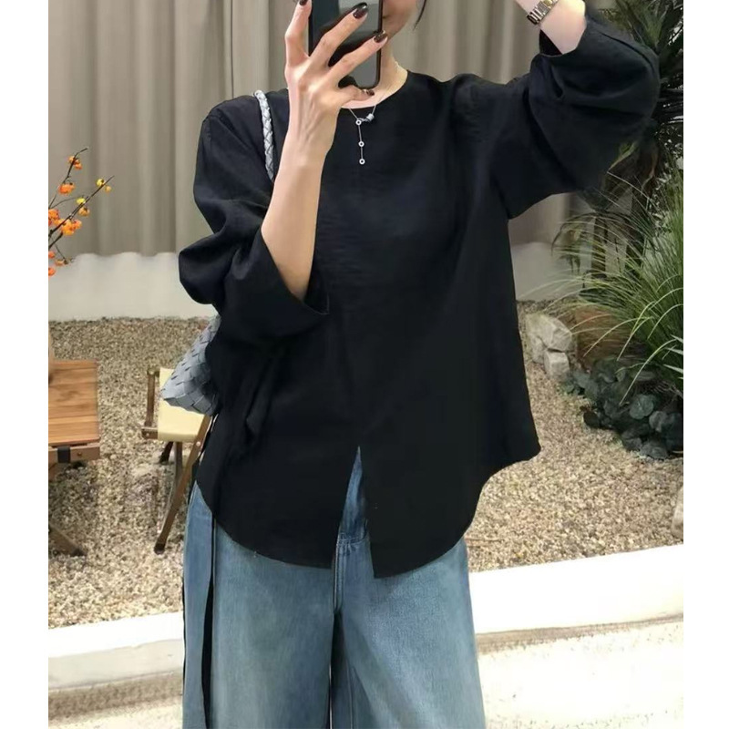 秋季法式气质设计绑带黑色圆领时尚休闲高级收腰显瘦长袖上衣女潮|undefined