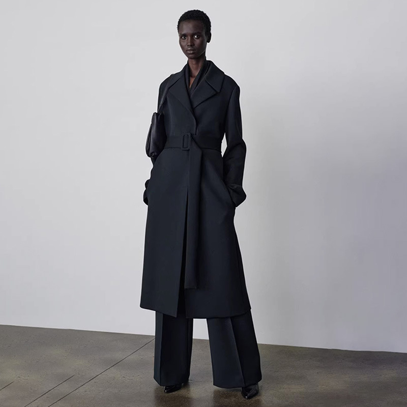 Th~ Row 2025 Spring & Fall Suit Collar Lapel Outwear Normcore Style Lace-Up Belt Long-Sleeved Mid-Length Outwear for Women