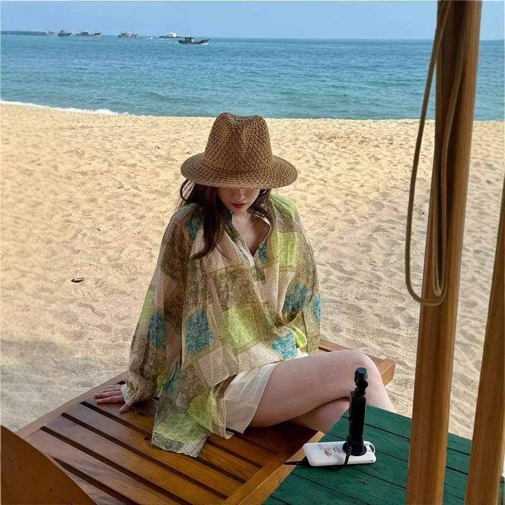 四媛 法式设计感舒适天丝衬衫女长袖拼色V领田园度假防晒上衣7957