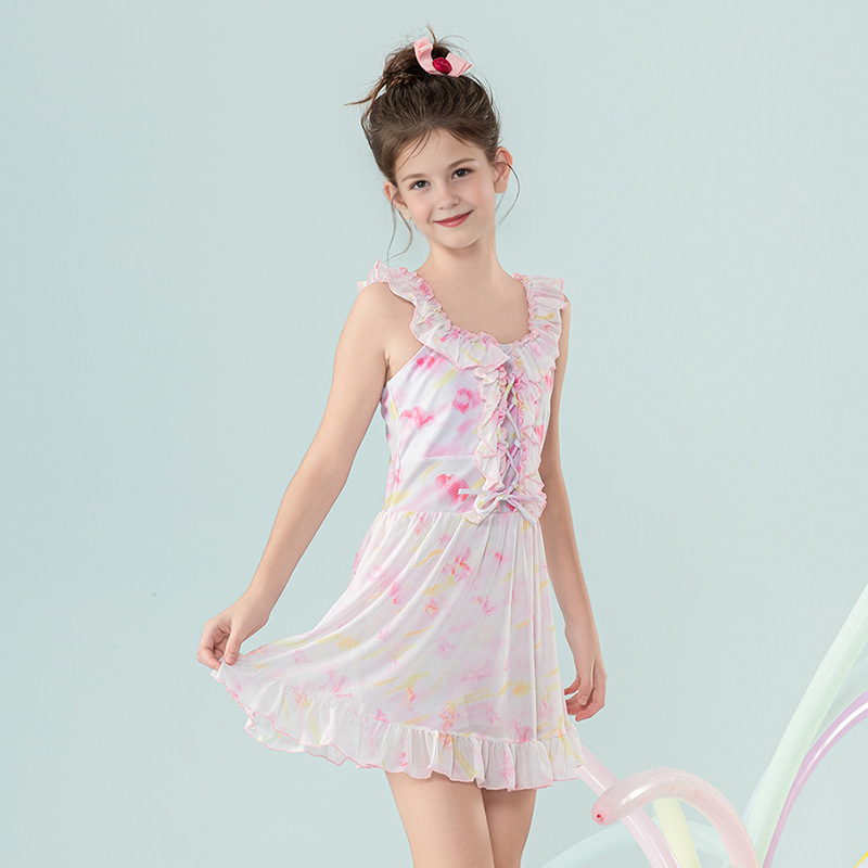 Traje de baño para niños 2025 nuevo vestido de tirantes dulce y fresco para niños y niñas de mediana edad traje de baño de vacaciones de estilo occidental