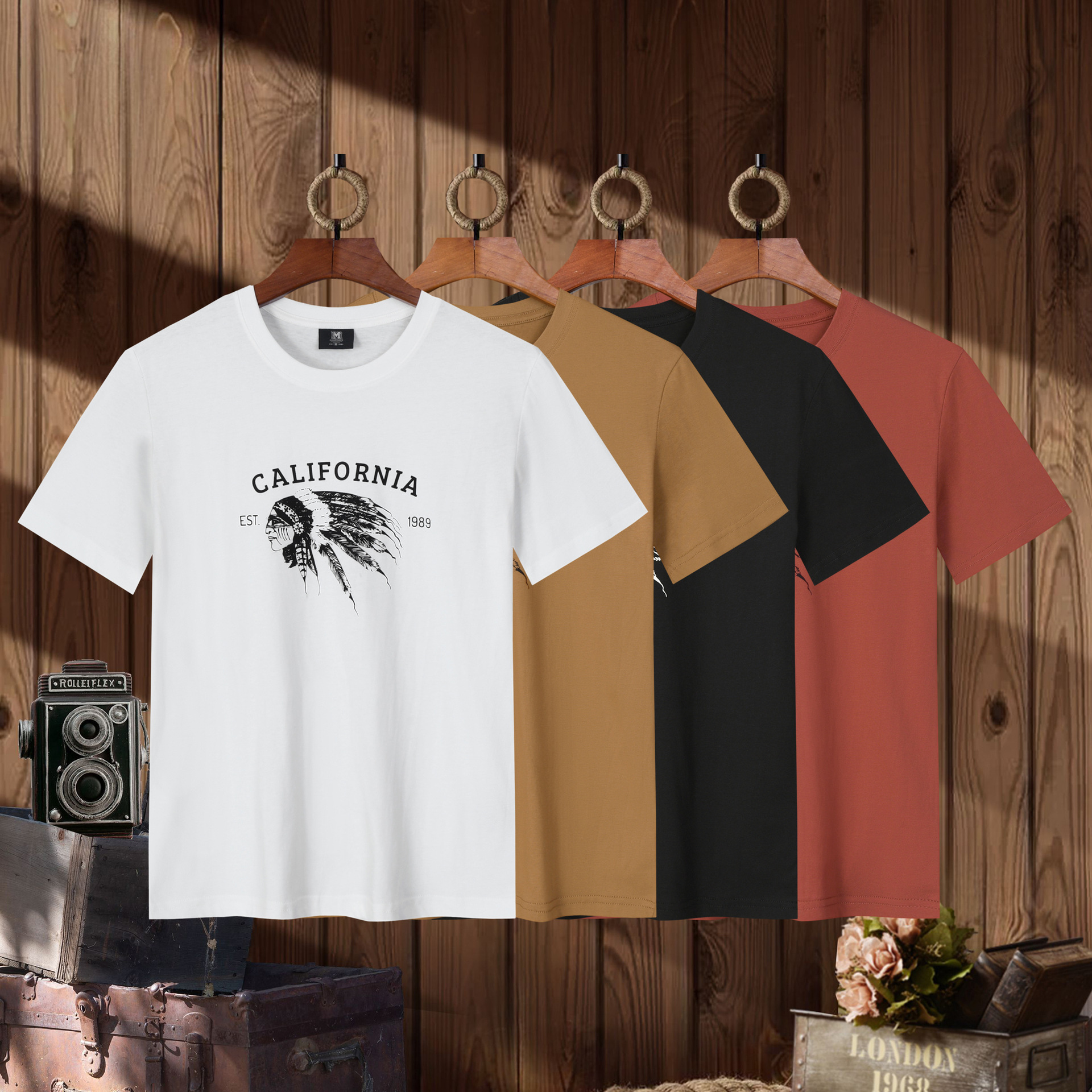 2025新款男士半袖T恤圆领洗水日式复古短袖男T恤衫上衣特价批发