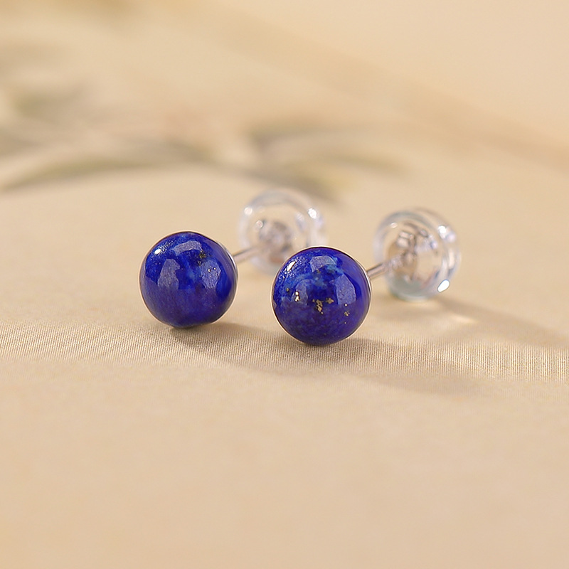 Khuyên tai nữ bạc S925 đính hạt lapis lazuli tròn phong cách tối giản — Một đôi