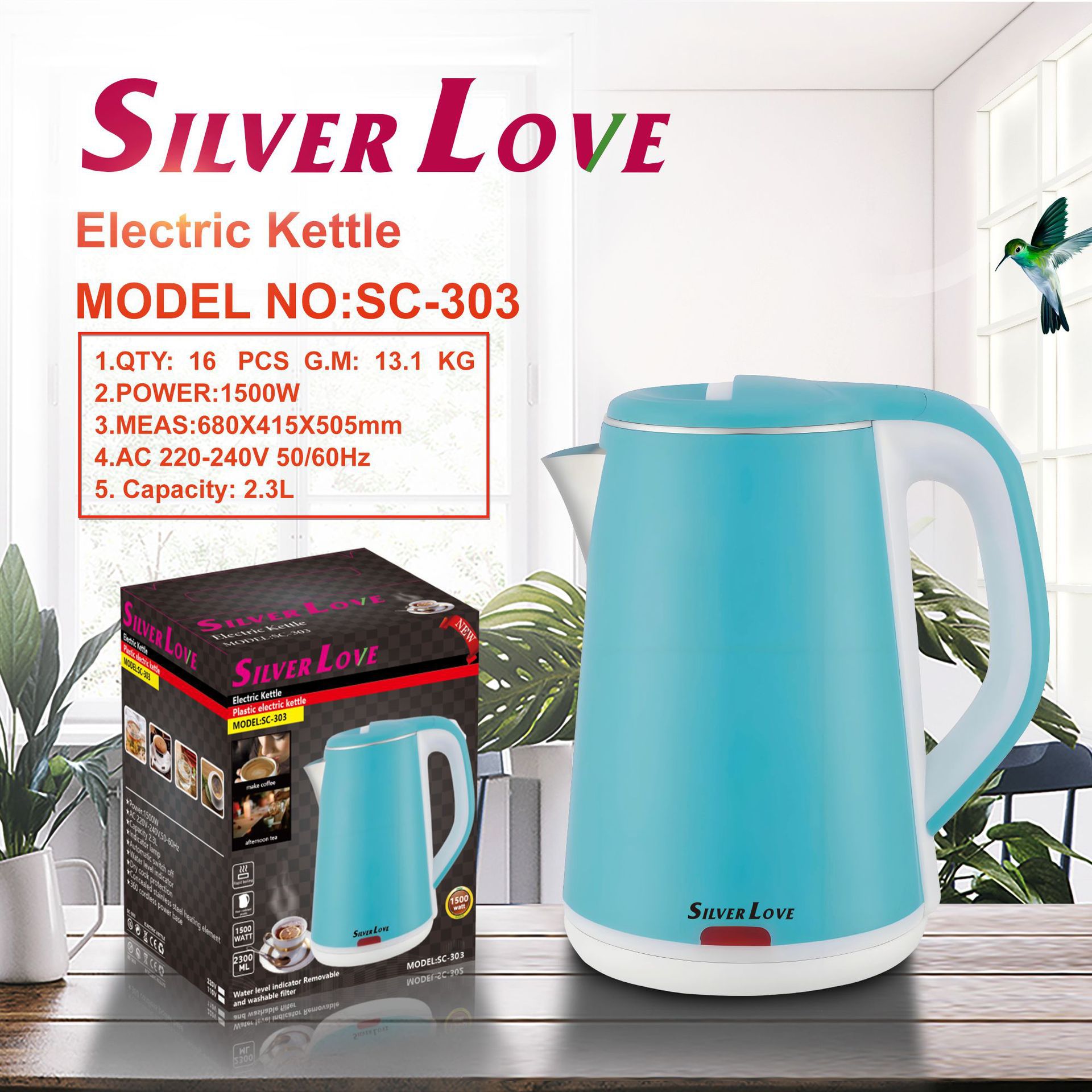 SILVER LOVE hervidor eléctrico de agua 2.3L hervidor de agua de alta capacidad hervidor de plástico de alta potencia image 7