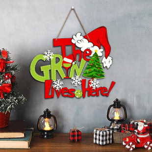 in stock Christmas Day Theme Party Decoration Props Wooden Green Hair Monster Logo Door Plate Pendant Wall Decorations