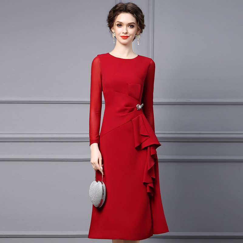Zhili Spring Long Dress 2026 New Style Burgundy Waist-Cinching Slimming Formal Occasion Ruffled Long Dress
