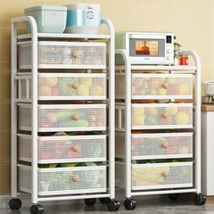 Kitchen multi-layer freestanding vegetable and fruit storage rack with integrated storage cabinet, movable drawer-style basket