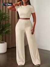 Women's Casual Short Sleeve Top & Wide Leg Pants Set, Pure