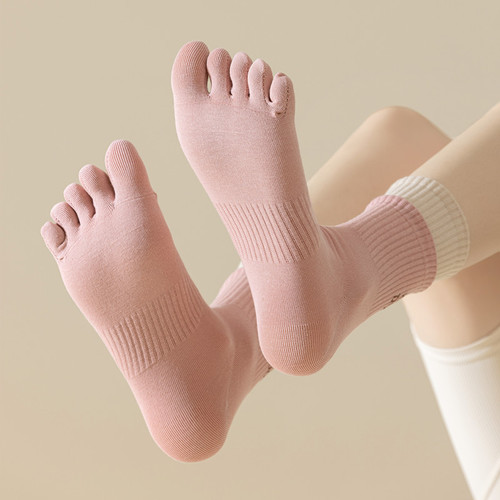 Women's five-finger socks, double-layered, ribbed, color-blocked mid-calf socks, anti-odor, sweat-absorbent, sports tabi socks, spring and autumn toe stockings, cotton