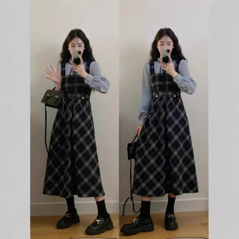 가짜 투피스 격자 스티칭 스트랩 원피스 여성용 스프링 플러스 사이즈 통통녀 슬림 룩 프랑스 하이 엔드 우아한 롱 원피스
