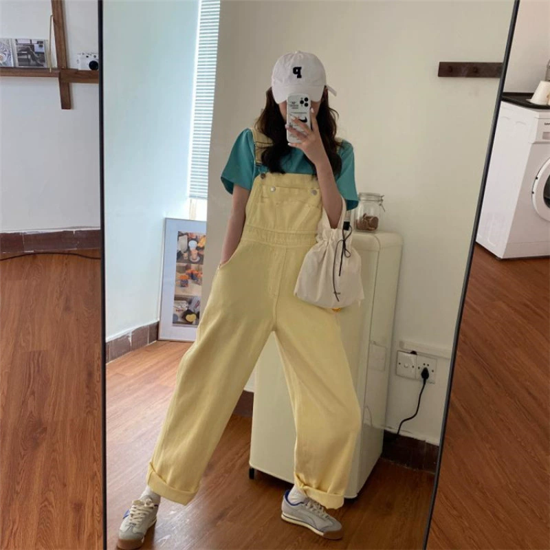 Весна/Лето 2025 Новые женские джинсовые комбинезоны в корейском стиле, свободные, для миниатюрных, уменьшающие возраст, с высокой талией, прямые, широкие брюки