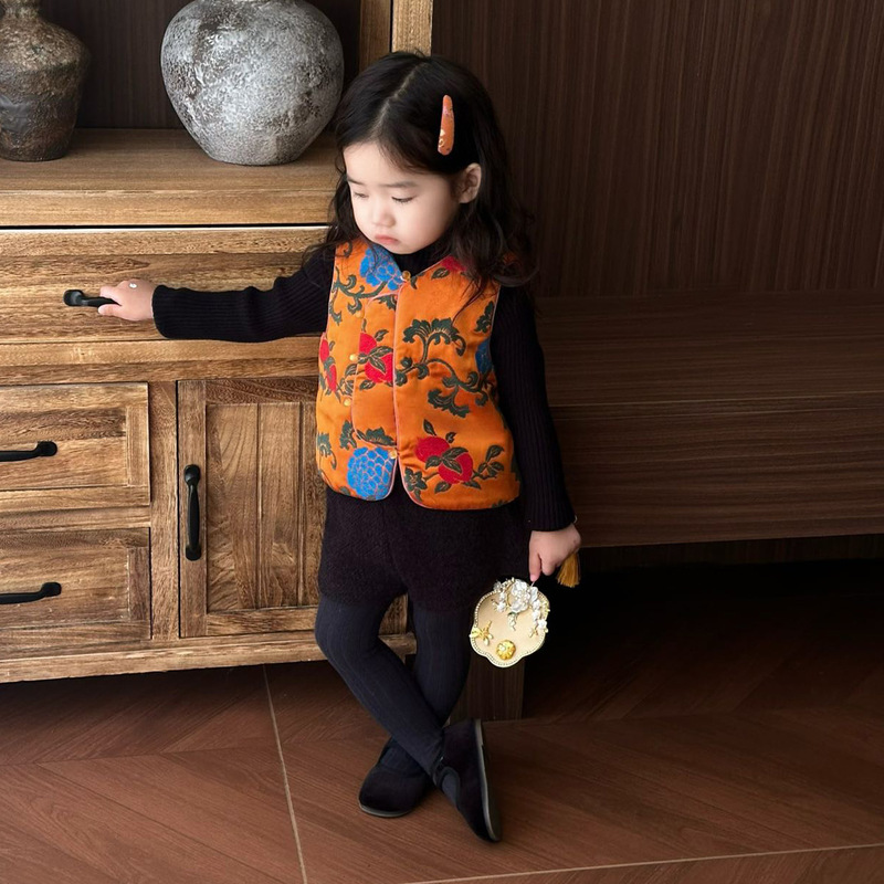 中秋·国庆限定女童汉服马甲秋儿童重工提花圆领背心女孩抓周礼服|undefined