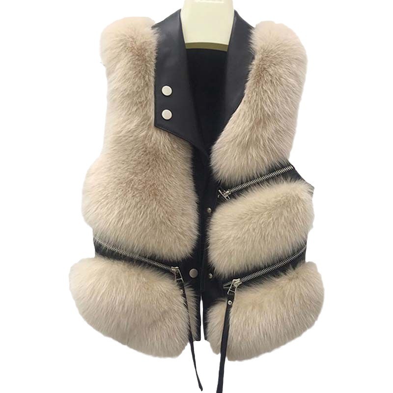 Women's Clothing Fur Vest Lapel Zipper Short Stitching Fur Fashion High end Jacket_voghion.com