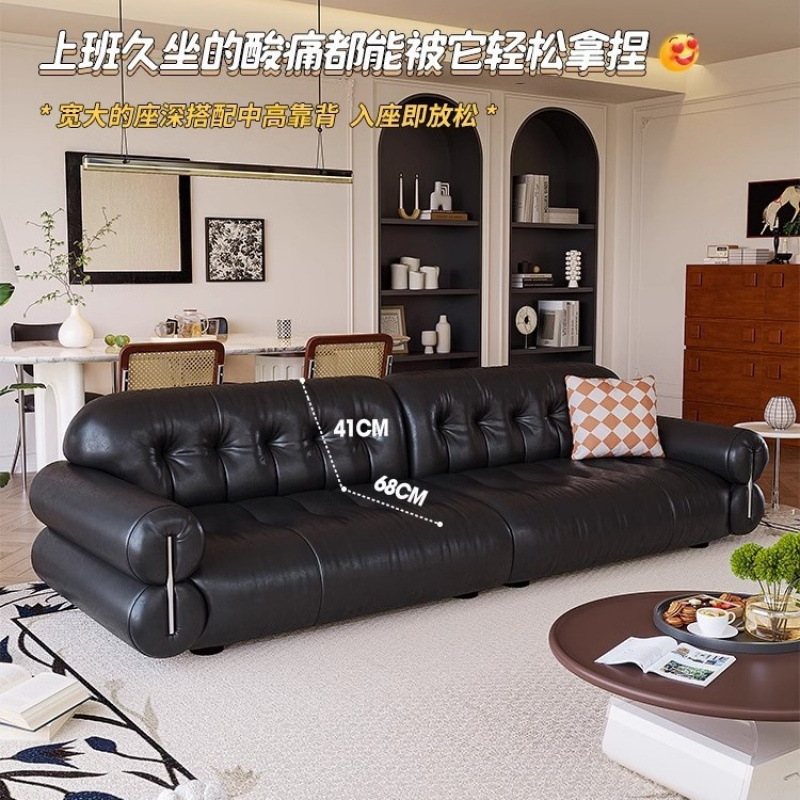 法式沙发黑糖云朵沙发中古风沙发客厅复古大黑牛头层牛皮直排沙发|undefined